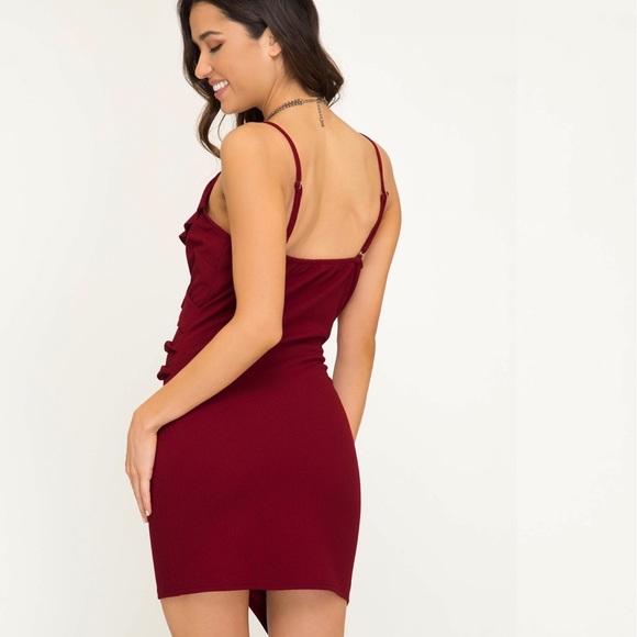 Spaghetti Strapped Tulip Wrap Ruffle Dress in Wine - Picture 3 of 7